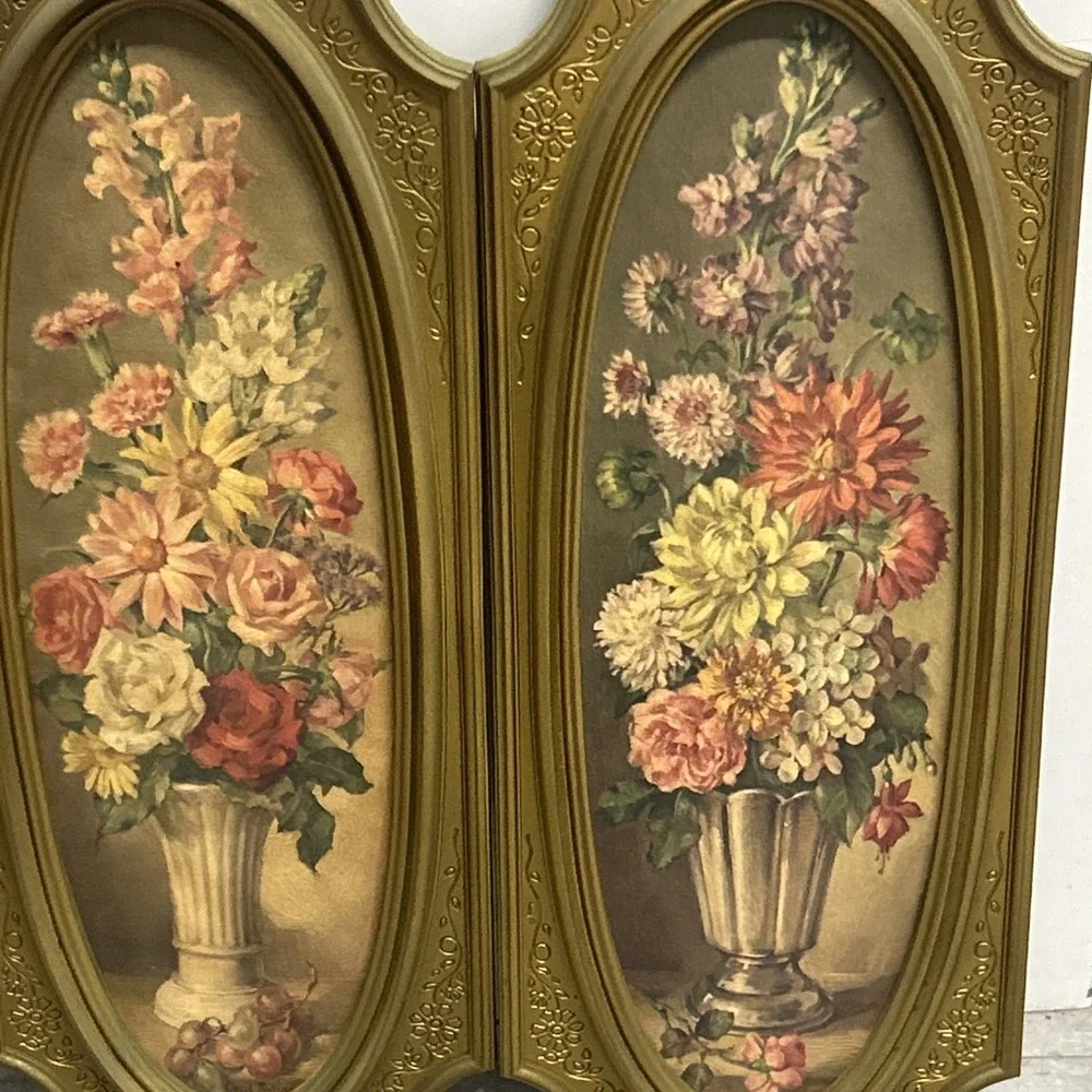 Pair of 1964 Florentine Gardens Vtg Floral Wall Art by Cecil Rubino - Gold Frame